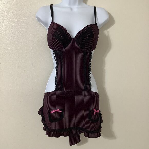 Marilyn Monroe Black Stripe Dollette Nymphet y2k Gyaru Apron Bow Lace Slip L - Picture 1 of 8